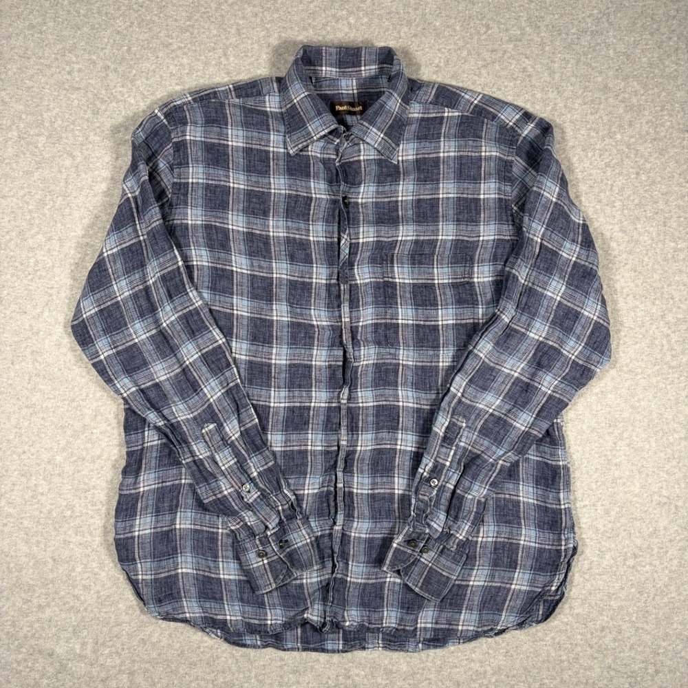 Paul Stuart Button Down Shirt Mens Large Blue Plaid Linen Long Sleeve Poland